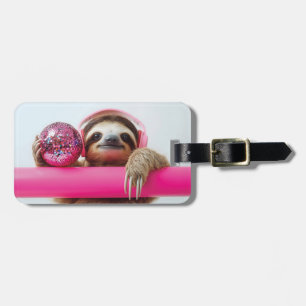 Étiquette À Bagage Paresseux funky avec casque rose et boule disco