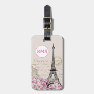 Étiquette À Bagage Paris France Tour Eiffel Monogramme rose Vintage