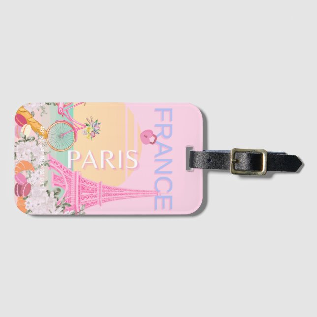 Étiquette À Bagage Paris, France, Travel Art, Preppy, Pastel, Rose (Devant Horizontal)