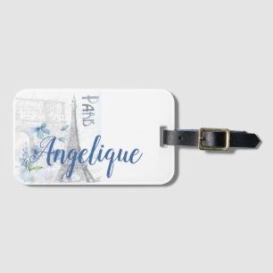 Étiquette À Bagage Paris Scène et Fleurs Bleues Personnalisées