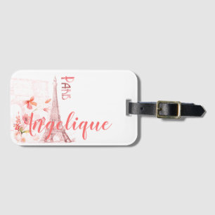 Étiquette À Bagage Paris Scène et Fleurs roses Personnalisées
