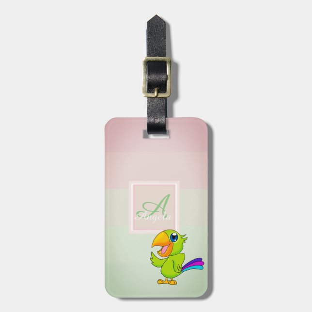 Étiquette À Bagage Parrot Ombre rayé Monogramme personnalisé (Devant Vertical)