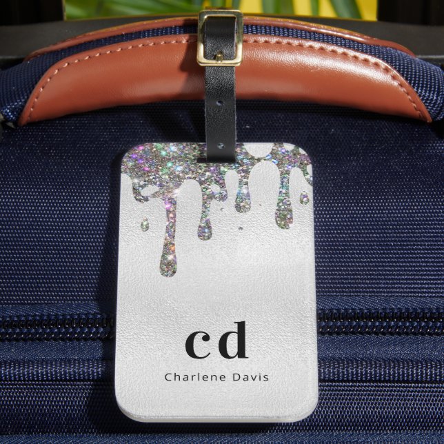 Étiquette À Bagage Parties scintillant argent goutte nom monogramme (Insitu Rectoal 2)