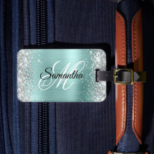 Étiquette À Bagage Parties scintillant Argent Pale Turquoise Foil Fan