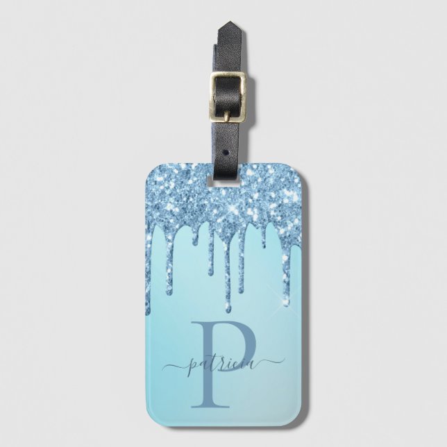 Étiquette À Bagage Parties scintillant Bleu de verre Lavages monogram (Devant Vertical)