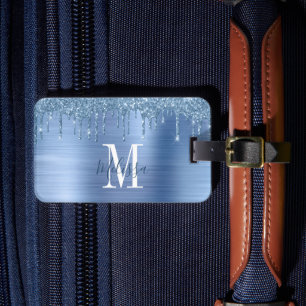 Étiquette À Bagage Parties scintillant Bleu Monogrammé Lecteur Métal 