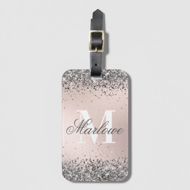 Étiquette À Bagage Parties scintillant d'argent rose pâle Monogramme  (Devant Vertical)