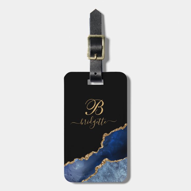 Étiquette À Bagage Parties scintillant d'or bleu Agate Géode Monogram (Devant Vertical)