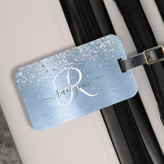 Étiquette À Bagage Parties scintillant en argent brossé bleu Nom du m