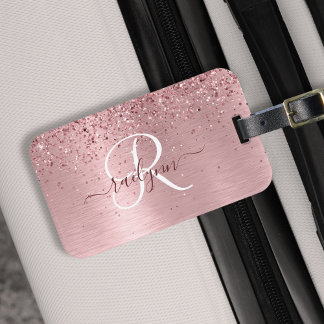 Étiquette À Bagage Parties scintillant en métal brossé rose pâle Nom 