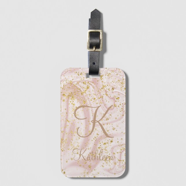 Étiquette À Bagage Parties scintillant Monogramme rose et Marbre blan (Devant Vertical)