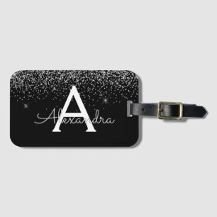 Étiquette À Bagage Parties scintillant noire en argent et Monogramme 