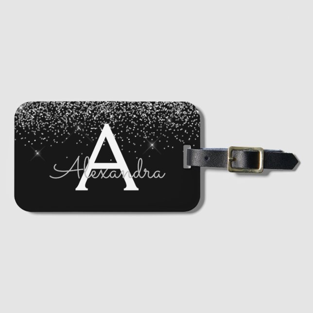 Étiquette À Bagage Parties scintillant noire en argent et Monogramme  (Devant Horizontal)