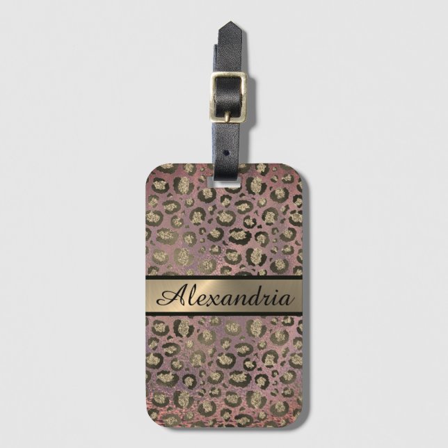 Étiquette À Bagage Parties scintillant Rose Gold Chic Leopard Personn (Devant Vertical)