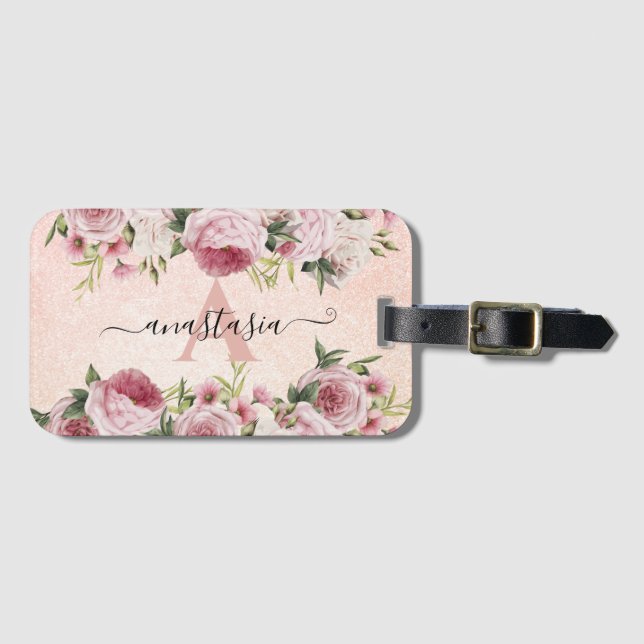 Étiquette À Bagage Parties scintillant rose Rose or fleuri (Devant Horizontal)