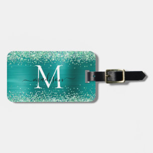 Étiquette À Bagage Parties scintillant verte turquoise brossé Monogra