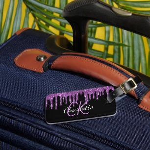 Étiquette À Bagage Parties scintillant violet noir gouttes nom monogr