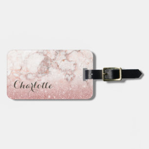 Étiquette À Bagage Parties scintillantes roses Ombre de marbre blanc