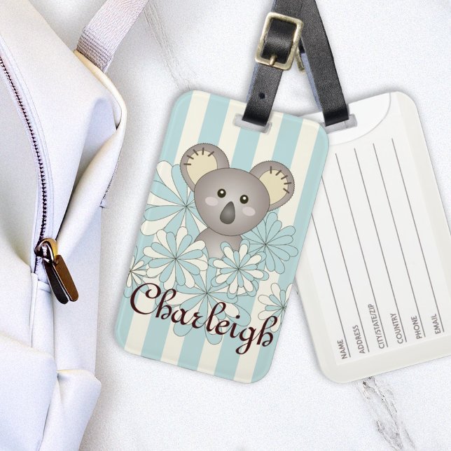 Étiquette À Bagage Pastel Blue Stripe Cute Baby Koala Kids (Créateur téléchargé)