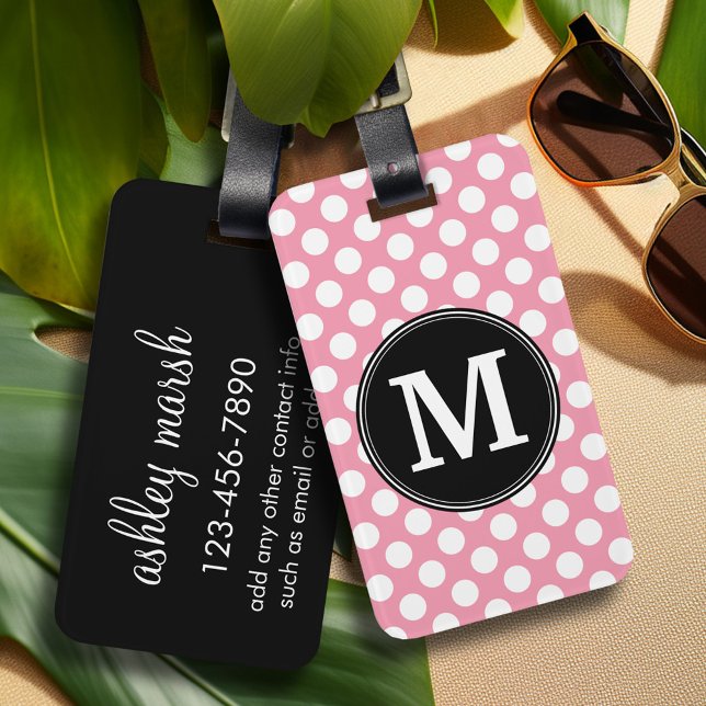 Étiquette À Bagage Pastel Pink and Black Polka Dots Custom (Personalized luggage tag - vibrant colors and custom text)