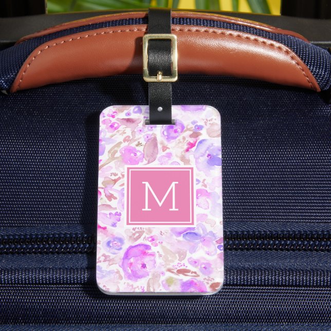Étiquette À Bagage Pastel rose et violet Floral sur mesure Monogramme (Insitu Rectoal 2)