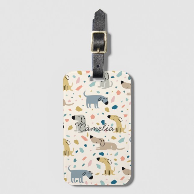 Étiquette À Bagage Pastel Terrazzo Funny Mignonne Chien Motif (Devant Vertical)