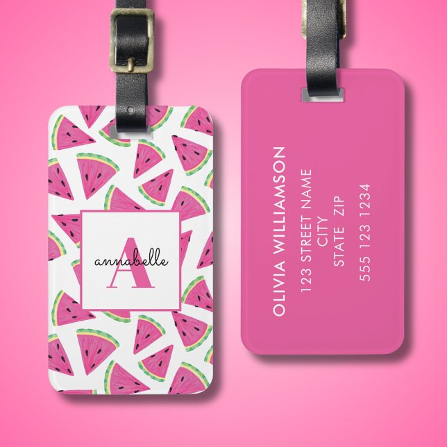Étiquette À Bagage Pastèque tropicale Monogramme personnalisé (Watermelon pattern personalized luggage tag.)