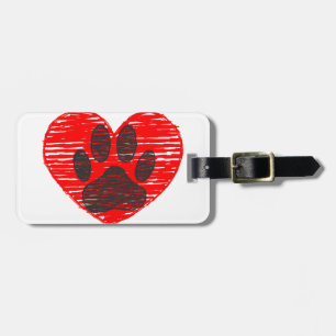 Étiquette À Bagage Paw Chien Croquis Dans Le Coeur Rouge
