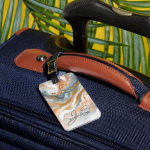 Étiquette À Bagage Peach Orange Turquoise Blue Gold Marble Art Motif
