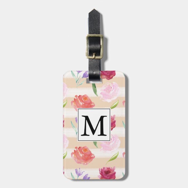 Étiquette À Bagage Peach rose Aquarelle Fleurs et rayures Monogramme (Devant Vertical)