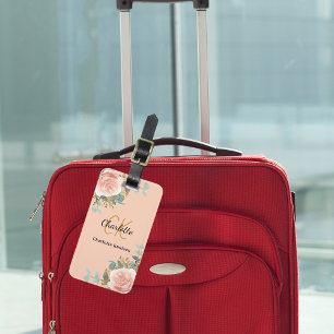 Étiquette À Bagage Peach rose or floraux monogramme élégant