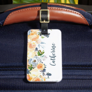 Étiquette À Bagage Pêche et bleu poussiéreux Floral Personnalisé