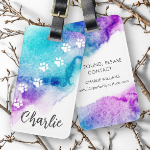 Étiquette À Bagage Peinture à l'eau violette Empreinte de patte