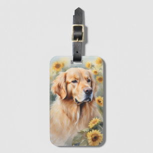 Étiquette À Bagage Peinture aquarelle Golden Retriever et tournesol