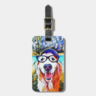 Étiquette À Bagage Peinture nerd en verre de golden retriever vibrant