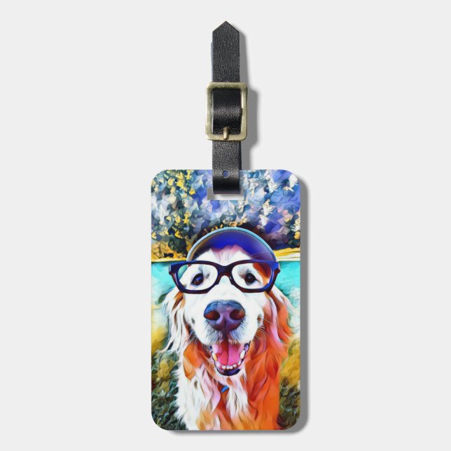 Étiquette À Bagage Peinture nerd en verre de golden retriever vibrant (Devant Vertical)