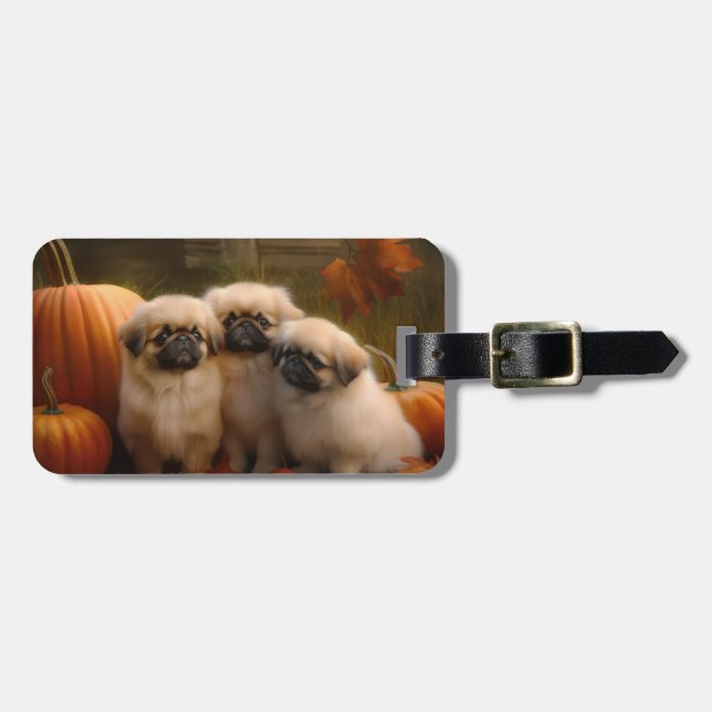 Étiquette À Bagage Pekingese Chiot Automne Citrouille délice (Devant horizontal)
