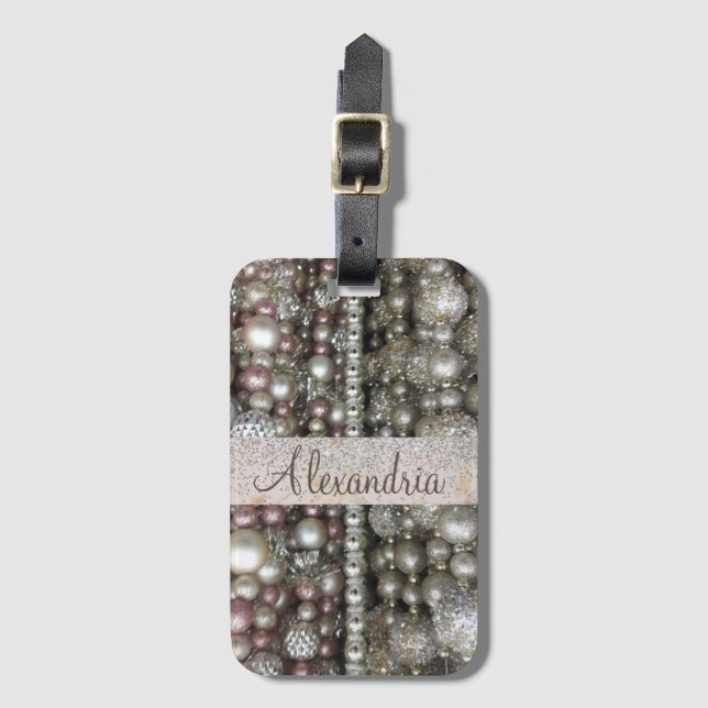 Étiquette À Bagage Perles d'argent et de rose Glittery personnalisées (Devant Vertical)