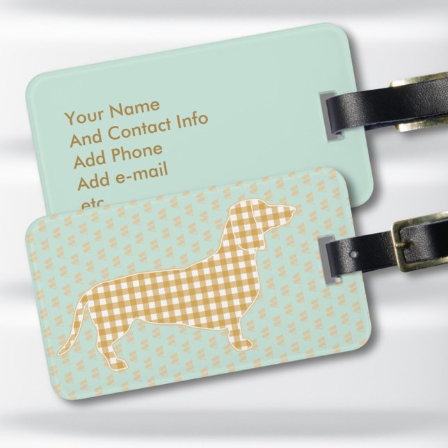 Étiquette À Bagage Personalized Dachshund Luggage Tag - Cream Gingham (Cute personalized Gingham Dachshund luggage tag with Cream Doxie on a mint background)