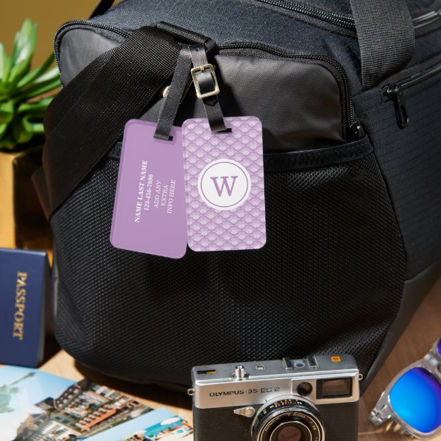 Étiquette À Bagage Personalized Monogram Purple Floral Pattern (Recto & Verso)