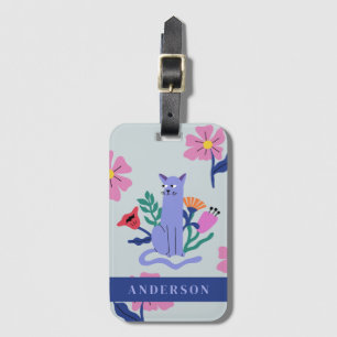 Étiquette À Bagage Personnalisable Blue Russian Cat & Matisse Flowers