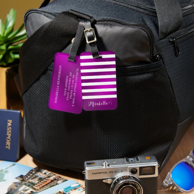 Étiquette À Bagage Personnalisé Élégant Violet brillant (Recto & Verso)