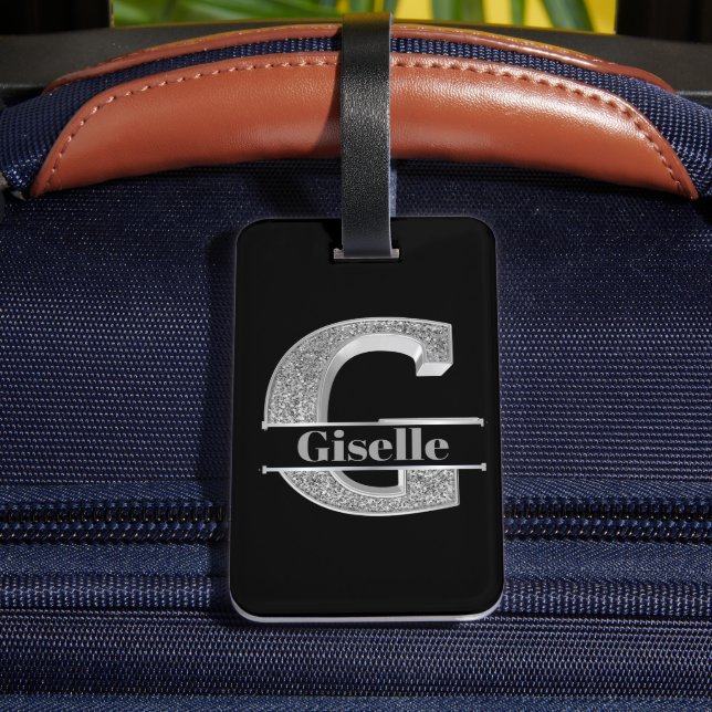 Étiquette À Bagage Personnalisé G Premier Monogramme Argent Votre Nom (Verso Insitu 4)
