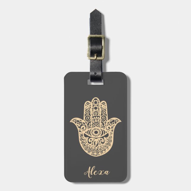 Étiquette À Bagage Personnalisé gris bonne chance cadeau hamsa main (Devant Vertical)