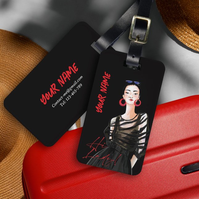 Étiquette À Bagage Personnalisé moderne ville fille noir rouge graphi (A portrait art of a modern city in black, confident, and high fashion. Lady's wearing a Zerra sheer.)