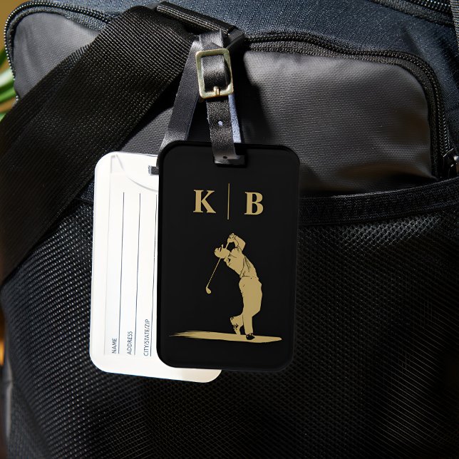 Étiquette À Bagage Personnalisé Monogramme Black Gold Golf personnali (Custom Monogram Black Gold Personalized Golf Luggage Tag)
