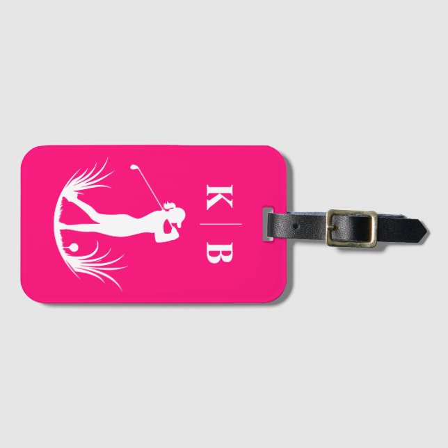 Étiquette À Bagage Personnalisé Monogramme féminin Golf rose personna (Devant Horizontal)