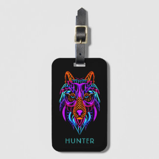 Étiquette À Bagage Personnalisé Tribal Neon Wolf