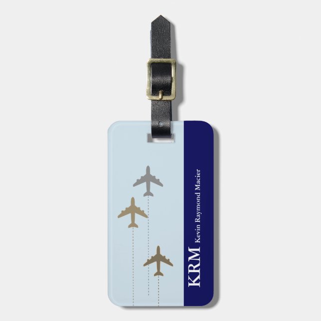 Étiquette À Bagage personnalisées (nom+initiales) avions de voyage bl (Devant Vertical)