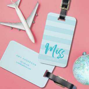 Étiquette À Bagage Personnaliser avec le nom Miss Preppy Blue Stripes
